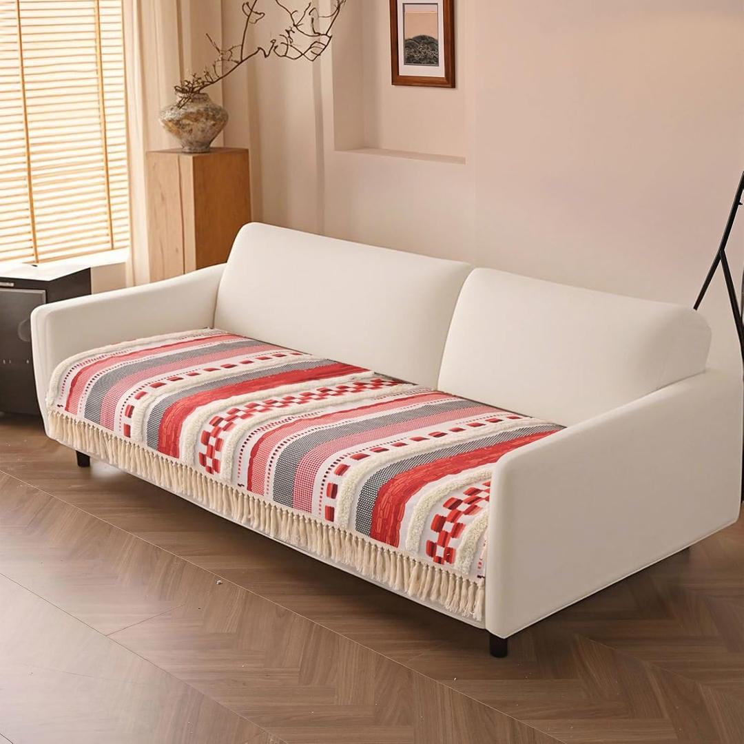 VClife Farmhouse Couch Cover for Sofa, Non Slip Washable Sofa Cover for Dogs, Bohemian Style Geometric Tufted Slipcover, Pet Friendly Furniture Protector, Red,35.4"x70.9"