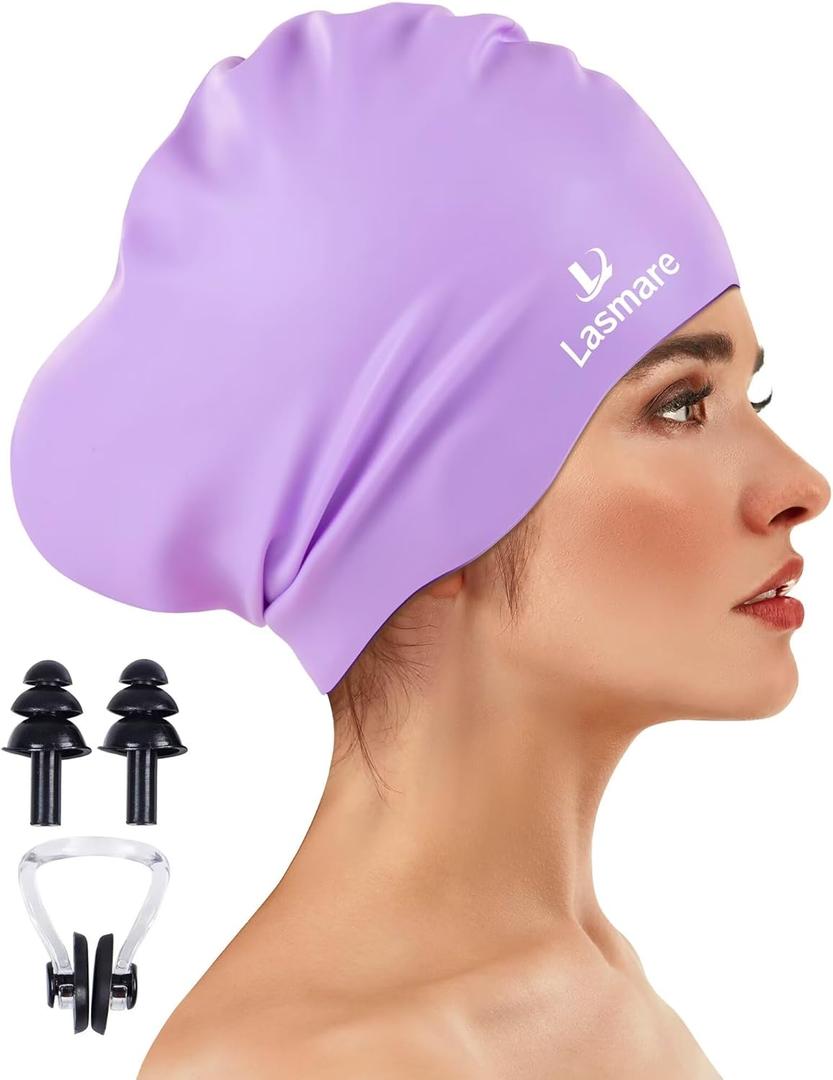 Large Long Hair Swim Cap with Extra Room for Women Men, Silicone Swimming Cap for Long Thick Hair with Ear Plugs Nose Clip Set, Adult Waterproof Swim Hats Bathing Caps to Keep Hair Dry(Light Purple)