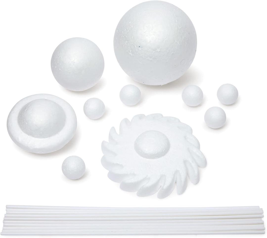 12 Piece 3D Solar System Model Kit for Kids Crafts, Outer Space Science Projects, White Polystyrene Foam Balls for Painting and Coloring, Spheres and Dowels Included 1