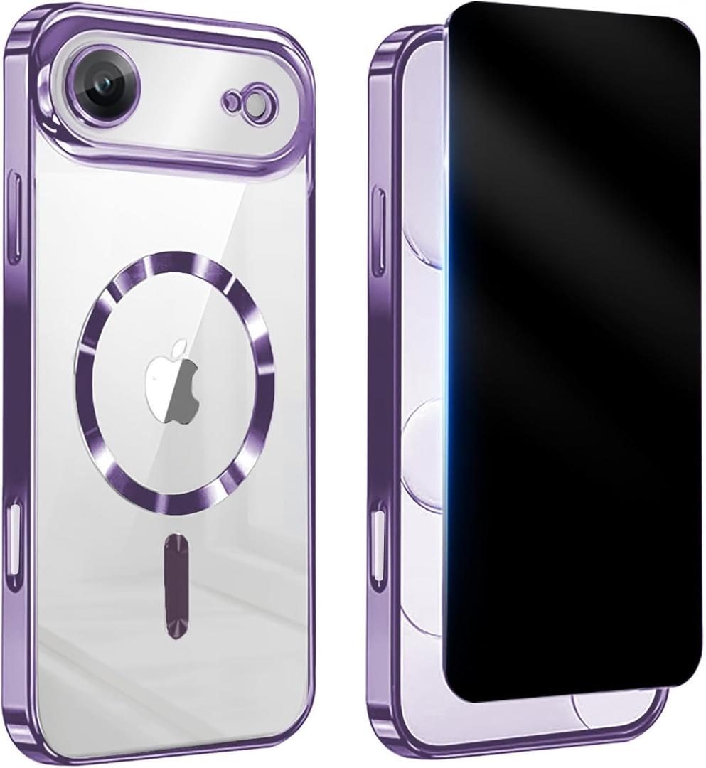 Magnetic for iPhone 17 Air Case Clear,with Privacy Screen Protector,Compatible with MagSafe [Non Yellowing] Full Camera Lens Protector Plating Soft Clear Phone Case for iPhone 17 Air,Purple