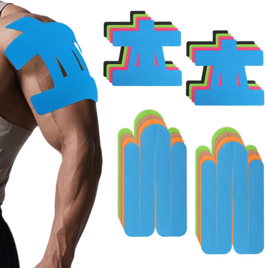 lasuroa 16 Pcs Shoulder Support Tape, Waterproof & Breathable Precut Kinesiology Kinetic Tape Elastic Athletic Sticker for Muscle Shoulder Support Sports & Physical Relaxation