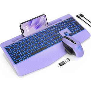 Wireless Keyboard and Mouse Backlits, Wrist Rest, LED Mouse, Rechargeable Ergonomic Keyboard with Phone Holder, Silent Light Up Combo for Computer, Mac, PC, Laptop, Chromebook (Purple)
