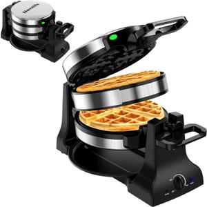 Waffle Maker, 1400W Belgian Waffle Maker, Double Waffle Iron 180 Flip, Rotating Nonstick Plates, Adjustable Browning Control, Locking Buckle & Cool Touch Handle, Removable Drip Tray, Stainless Steel
