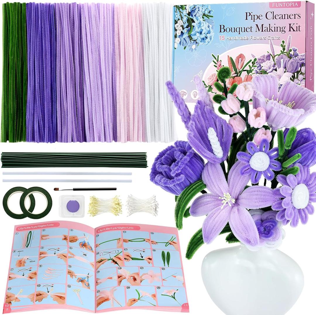 Funtopia Pipe Cleaner Flowers, 540 Pcs Pipe Cleaners Craft Bulk, Pipe Cleaner Flower Kit with Instruction, Chenille Stems for Flower Making, DIY Bouquets and Party Decorations (Purple, 12in x 7mm)