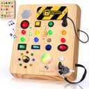 Busy Board with LED Light, Wooden Sensory Toys for Toddler, Montessori Music Toy for Airplane, Travel Activity Educational Learning Autism Toys, Birthday Boys Girls Gifts