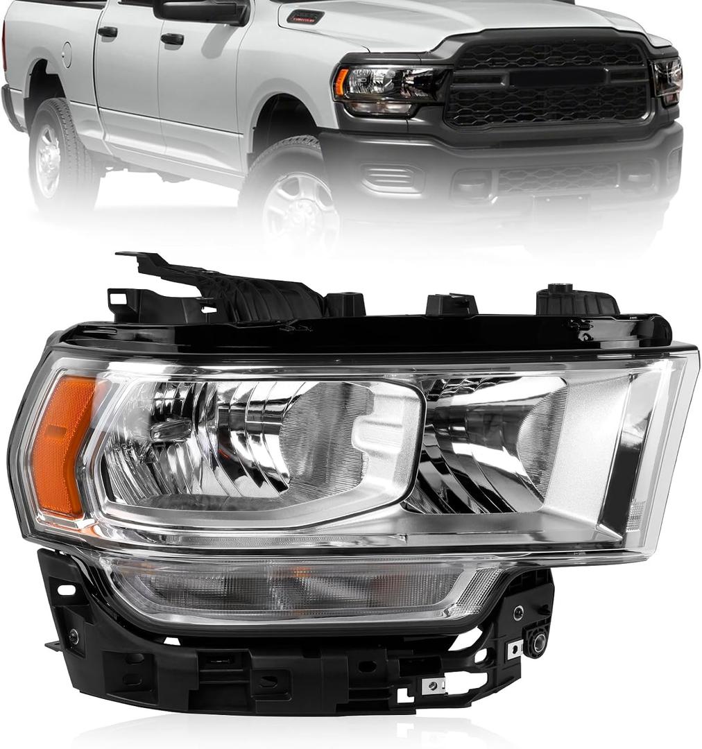 Chrome Halogen Headlights Assembly Compatible with 2019 2020 2021 2022 2023 2024 Dodge Ram 2500 3500 With bulb Left Driver Side Headlamp OE CH2502334 68360177AE 68360177AD