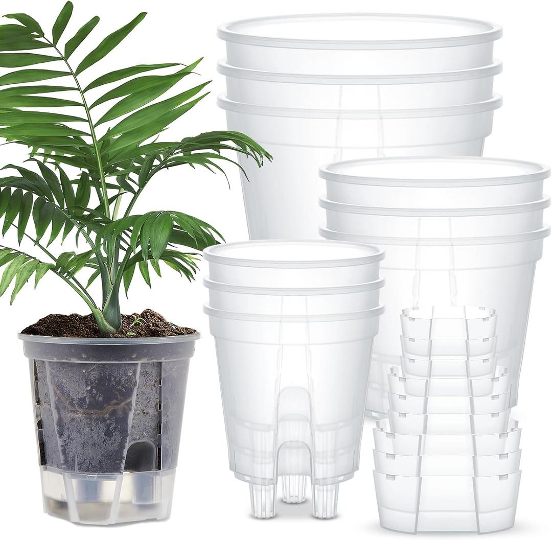 Wonderjune Self Watering Pots for Indoor Plants with Deep Reservoir and High Drainage Holes for Outdoor Plants and Flowers, Bare Root Planter(4.72'', 5.91'', 7.09'',Clear,9 Pcs)