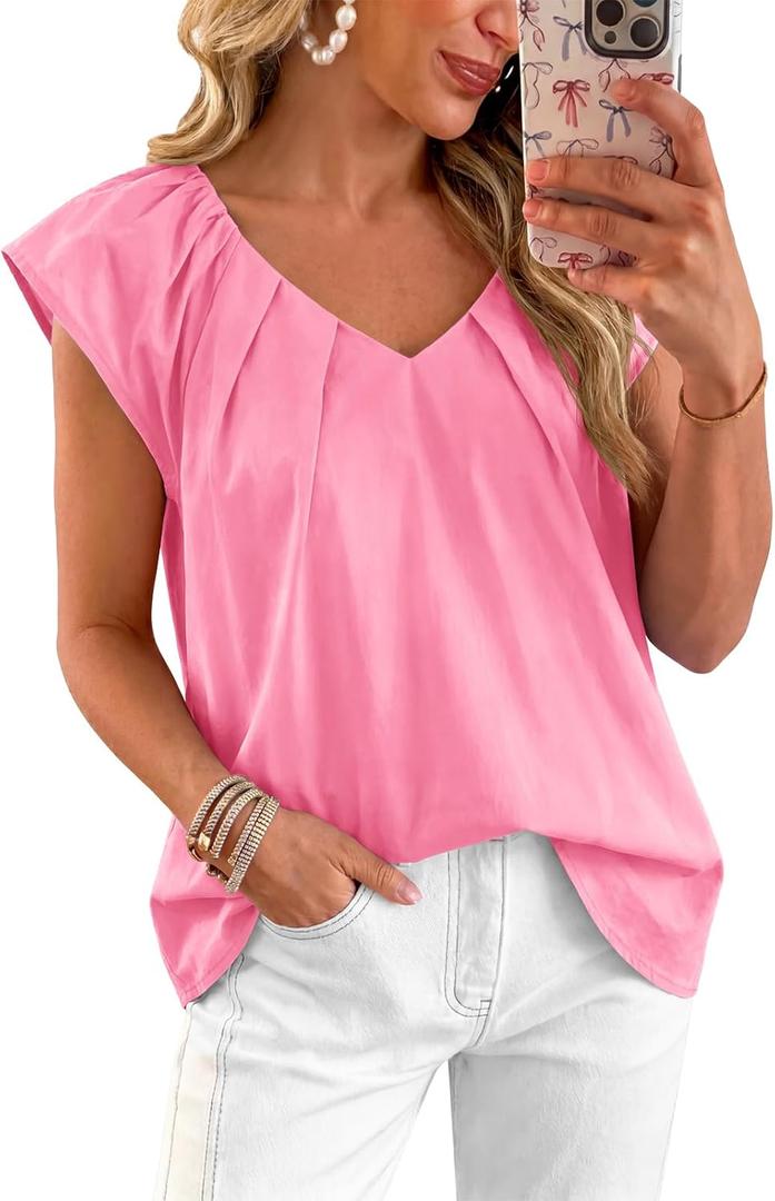 Tankaneo Womens Cap Ruffle Sleeve Tops V Neck Pleated Cotton Blouses | Loose Fit, Summer Dressy Casual, Cotton Shirts (Pink, L)