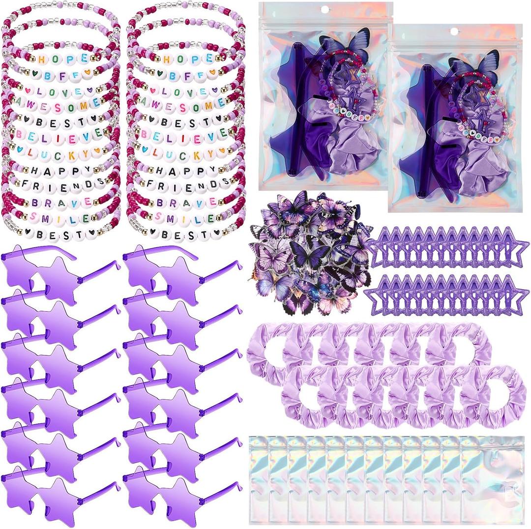 Quelay 134 Pcs Kpop Disco Party Favors Popular Singer Party Friendship Gift Set Birthday Bracelets Sunglasses Satin Scrunchie Clips Stickers Bags for 80s Y2k Fans Women(Star,Purple)