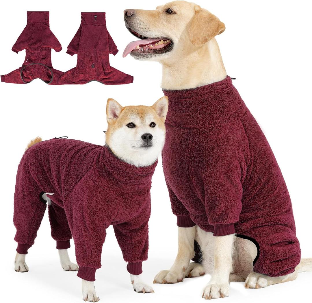 SlowTon Dog Winter Coat - Fuzzy Pullover Pajamas, Soft Fleece Windproof Cold Weather Dog Jacket Cozy Onesie Jumpsuit Outfit 4 Legged Clothes with Leash Hole for Large Medium Small Dogs (Red, 2XL) (XXL (Back: 23.6"))