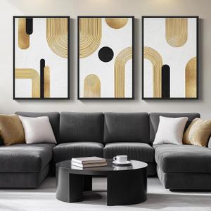 Large Framed Gold Abstract Geometric Wall Art for LIving Room, 3 Piece Modern Canvas Prints Paintings Artwork for Walls, Minimalist Black White Gold Pictures for Hallway Office Wall Decor 24x36 Inch