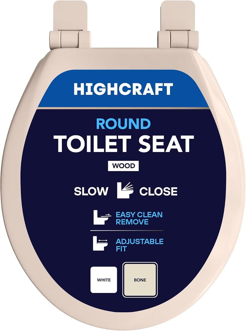 HIGHCRAFT Premium Round Toilet Seat with Slow-Close Design, Adjustable Hinges & Quick Removal Mechanism - Molded Wood Toilet Seat - Fits Standard Round Toilets - Toilet Seat in Bone/Beige