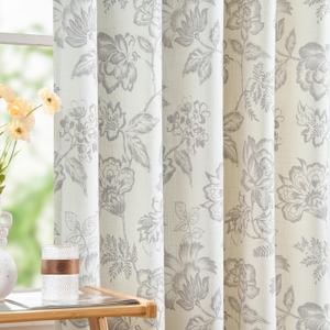 jinchan Floral Curtains Burlap Look Curtain 84 Inch Long Faux Linen Taupe Flower Patterned Drapes for Living Room Light Filtering Farmhouse Curtain Rod Pocket Window Curtains for Bedroom 2 Panels