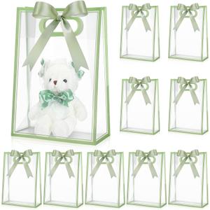Aliceset 12 Pcs Clear Plastic Gift Bag with Die Cut Handles Reusable PP Favor Bag with Ribbon for Wedding Bridal Birthday Baby Shower Party Small Business, 7x10x3.15 Inch(Sage Green)