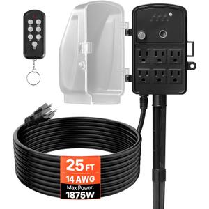 VEVOR Outdoor Power Stake Timer, 25FT Extension Cord, Remote Control Outdoor Power Strip with Cover, Dusk to Dawn Light Timer Waterproof, 6 Outlets for Halloween Christmas Lights, Garden Decorations