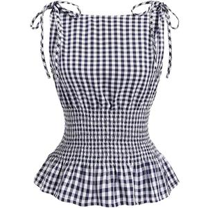 Women's Gingham Tie Shoulder Tank Tops Sleeveless Shirred Ruffle Hem Shirts (Large, Blue)