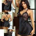 Avidlove Women Lingerie V Neck Sexy Nightwear Satin Sleepwear Lace Chemise Mini Babydoll Nightgown (Black), XL
