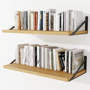 Deep Wall Shelves 30"W x 12"D Engineered Wood Floating Shelves for Wall, Sturdy Metal Bracket Bookshelves Home Decor Storage for Living Room Bedroom Bathroom Kitchen, Set of 2, Oak Finish