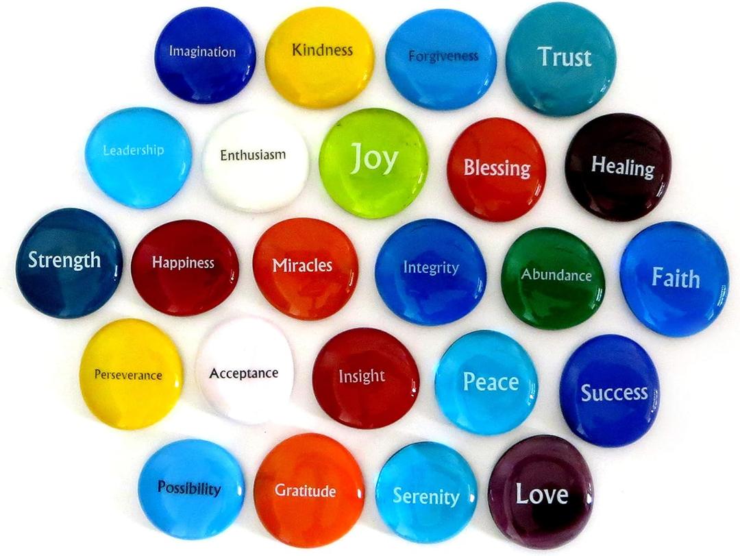 Lifeforce Glass Focus Glass Stones, 24 Inspiring, Encouraging and Motivating Single Words Imprinted on Glass Stones, Inc. Set I.