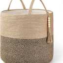 Mkono Woven Storage Basket Decorative Rope Basket Wooden Bead Decoration for Blankets,Toys,Clothes,Shoes,Plant Organizer Bin with Handles Living Room Home Decor, Yellow and Black, 16" W  13.8"