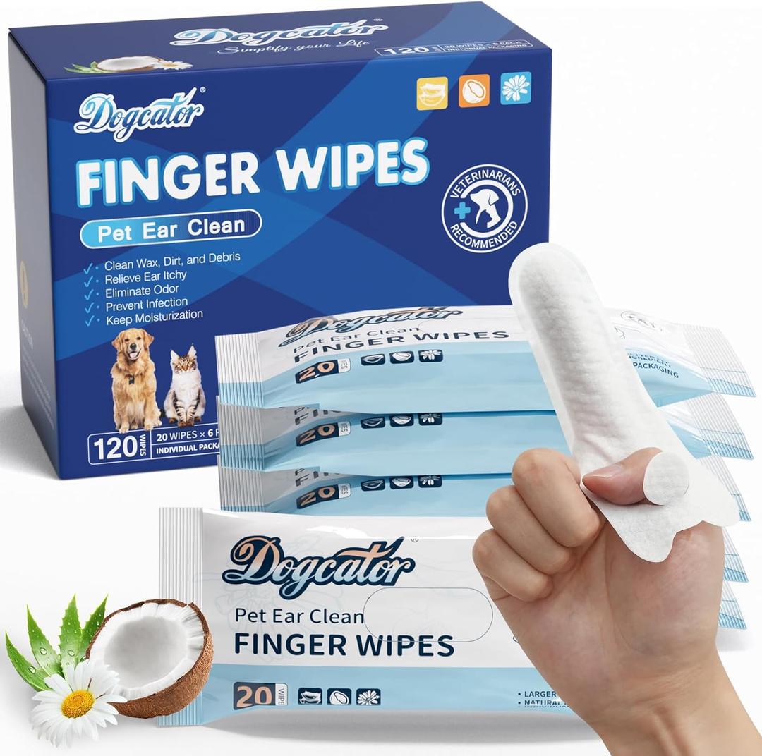 Dog Finger Wipes, 120 Count Ear Cleaner for Dogs Cats Bathing Wipes, Pet Dental Clean Finger Wipes, Natural Puppy Eye Wipes | Soothes Itchy Dry Skin, Coconut Scent Dog Ear Infection Treatment, Exp Date: 20/02/2027