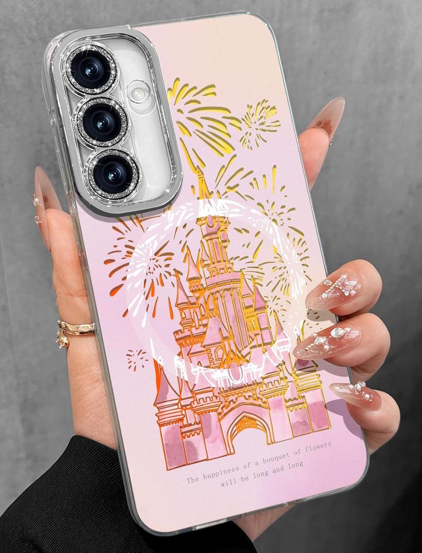 Toycamp for Samsung Galaxy S24 FE Case - Compatible with Magsafe Aesthetic Cute Holographic Galaxy S24 FE Case with Diamond Bling Lens Protector Cover for Women Girls, Fireworks Castle