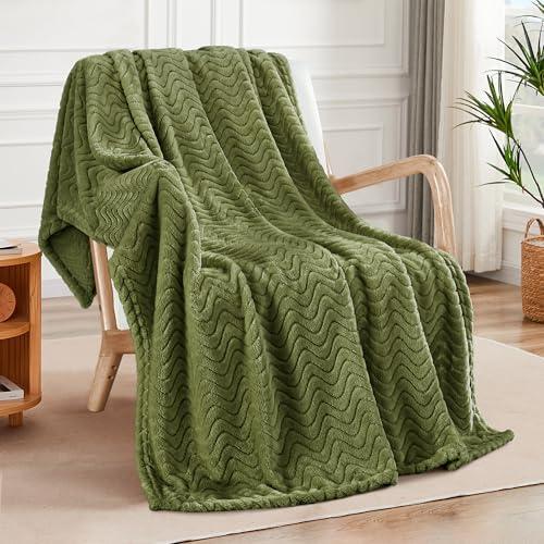 Exclusivo Mezcla Soft Fleece Throw Blanket for Couch, Cozy Lightweight Blankets with Decorative Wave Textured Suitable for All Season Use, Olive Green, 50x70 Inches