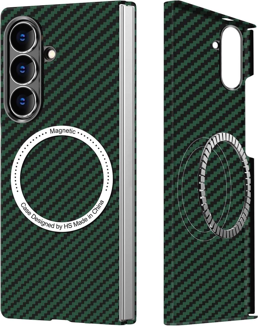 Carbon Fiber for Samsung Z Fold 7 Case, Carbon Texture Case Made of Aramid Fiber, Ultra Slim Protective Cover with Magnetic, for Samsung Galaxy Z Fold 7 5G Phone Case Supports Green