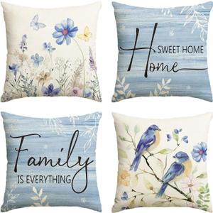 AVOIN colorlife Spring Saying Flowers Butterfly Bird Throw Pillow Covers, 18 x 18 Inch Home Sweet Home Blue Cushion Case for Sofa Couch Set of 4