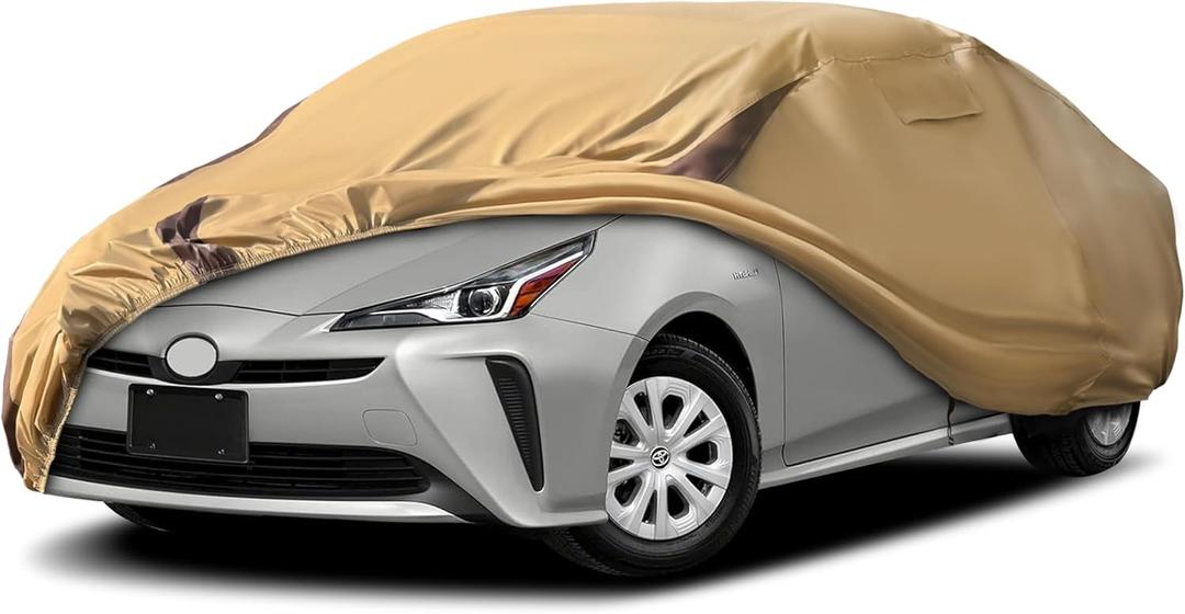 Prius Car Cover Waterproof All Weather Compatible with Toyota Prius 2004-2024, Outdoor Heavy Duty Anti-UV Car Covers Rain Sun Snow Protection with Zipper and Windproof buckle(Camel with Brown)