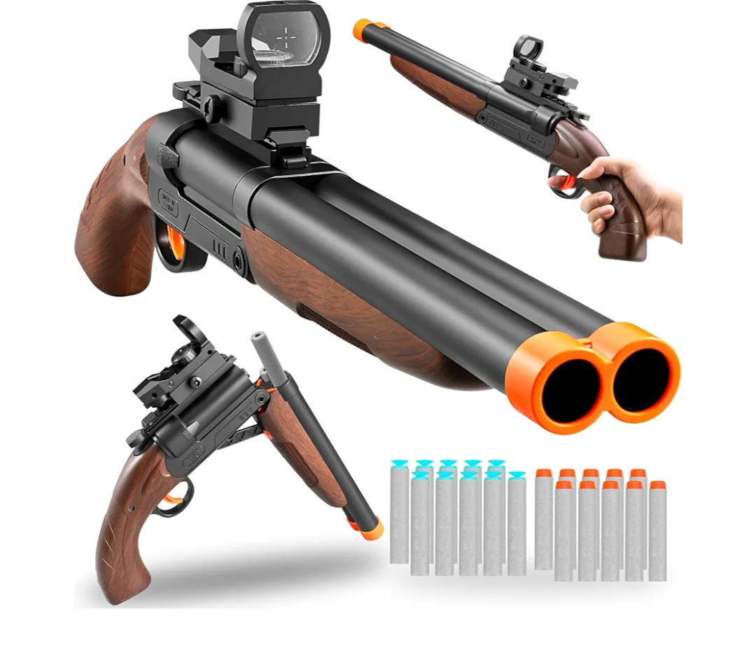 Double Barrel Toy Shotgun with Soft Bullets - Realistic Foam Blaster Gun for Kids, Sniper Rifle with Scope & Safe Rubber Bullets - Boys Outdoor Toys for Ages 6-12 (Brown)