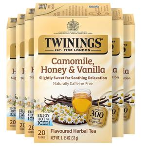 Twinings Camomile, Honey & Vanilla Herbal Tea Individually Wrapped Bags, 20 Count (Pack of 6), Naturally Caffeine-Free, Enjoy Hot or Iced, 120 Teabags, Mar/15/2028