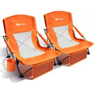 AKSOUL Folding Beach Chair for Adults: Low/High Back Chairs with Carry Bag - Extra Wide Seat Chair with Comfortable Pillow & Storage Pocket (1 Pack & 2 Pack, Blue), 23"*23"*24"