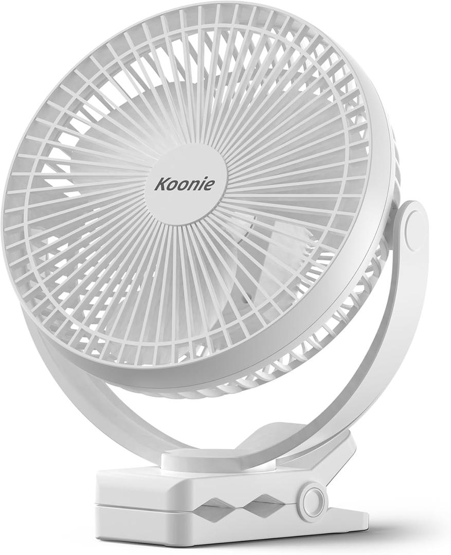Koonie Portable Clip on Fan, 8-Inch 10000mAh USB Rechargeable Battery Operated, 4 Speeds, Strong Airflow, Sturdy Clamp for Office Desk Golf Car Outdoor Travel Camping Tent Gym Treadmill (White)