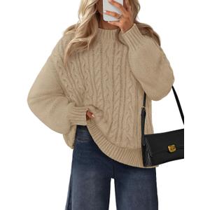 MEROKEETY Womens Fall Cable Knit Sweaters 2025 Long Lantern Sleeve Crewneck Chunky Loose Pullover Tops Winter Clothes (Beige, M)