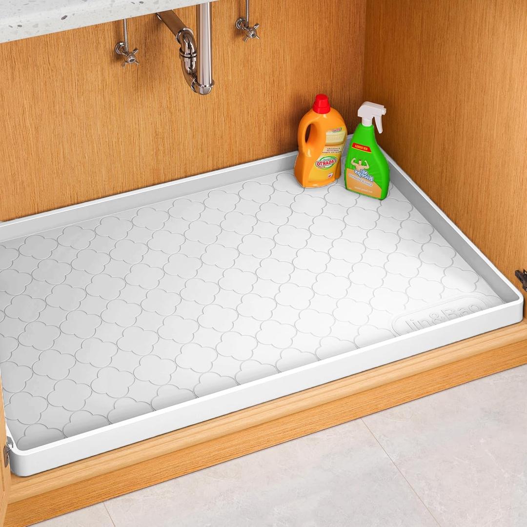 Jin&Bao Waterproof Under Sink Mat 28" x 19", Thick Silicone Mat Cabinet Protector for Kitchen and Bathroom, Shelf Liner, Home Organizer and Storage, Multipurpose Tray for Gadgets and Essentials (White)