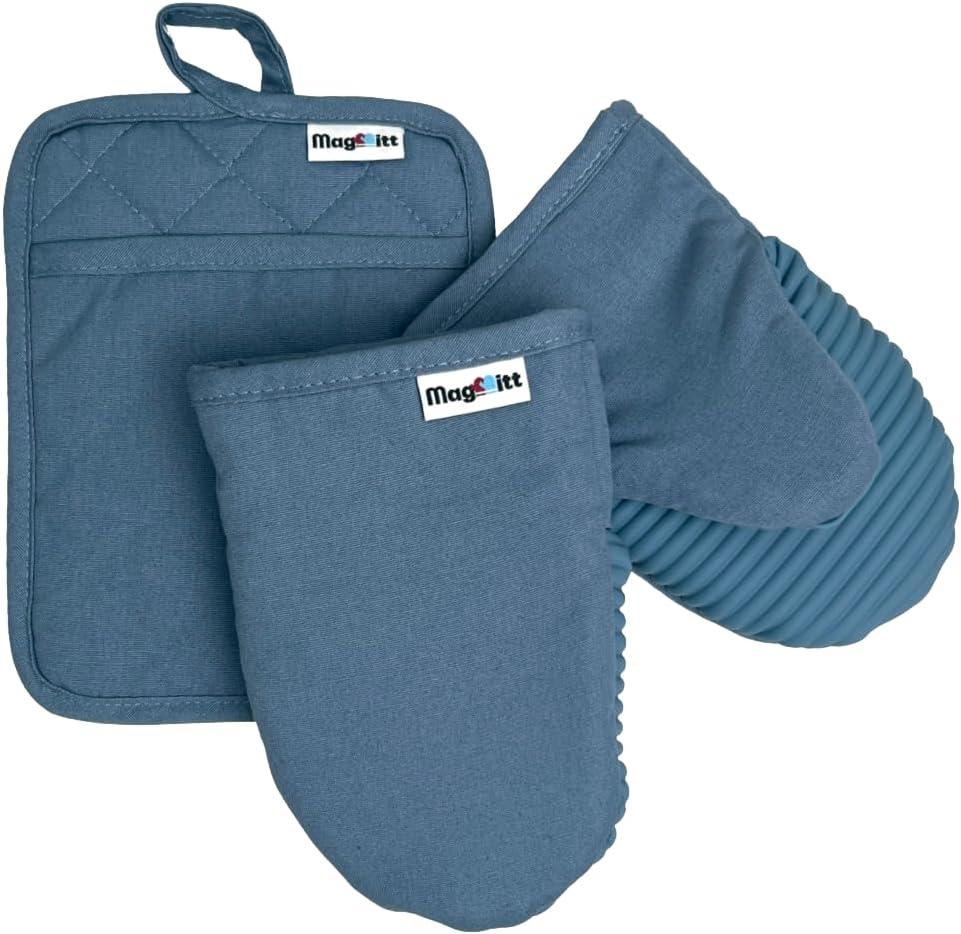 MagMitt Magnetic Oven Mitts and Pot Holder Set, 3 Piece Silicone Oven Mitts Heat Resistant to 500F, Hot Pad with Magnetic Storage, Premium Cotton, Non-Slip Kitchen Mitts & Oven Gloves, (Blue Steel)