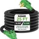 RVGUARD 50 Amp 25 Foot RV/EV Extension Cord, NEMA 14-50P/R Heavy Duty Extension Cord with LED Power Indicator and Cord Organizer, Green, ETL Listed