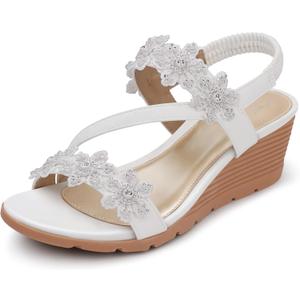 SHIBEVER Wedge Sandals for Women Dressy: Summer Open Toe Low Platform Wedges Sandals Elastic Ankle Strap Flower Comfortable Casual Shoes (7, 1805-white)