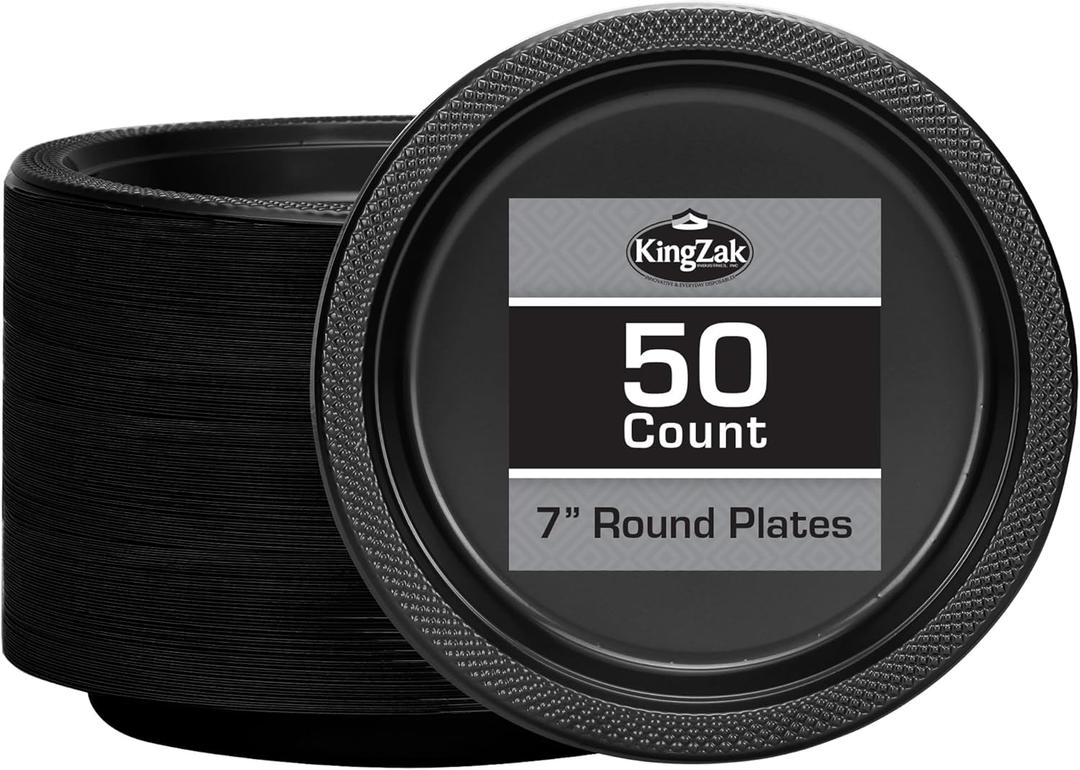 Hanna K. Signature Black Plastic Party Plates  7-Inch Heavy Duty Disposable Plates, 50 Count, Party Supplies for Appetizers, Cake & Dessert
