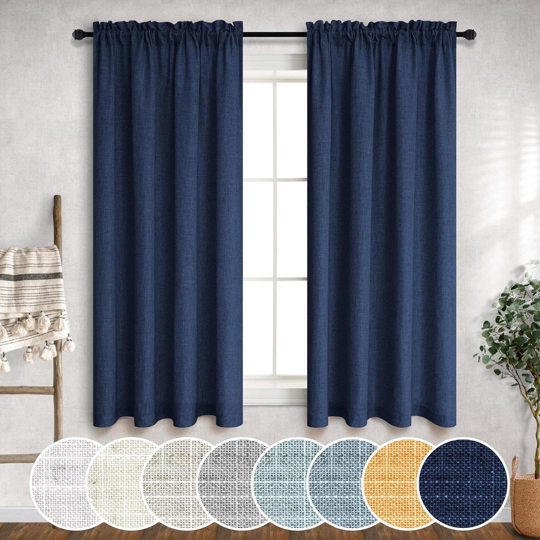 Navy Blue Sheer Curtains 45 Inches Long for Kitchen Set of 2 Panels Rod Pocket Light Airy Linen Cafe Tier Soft Dark Blue Short Curtains for Small Windows Bathroom Basement Decoration 52x45 Inch Length