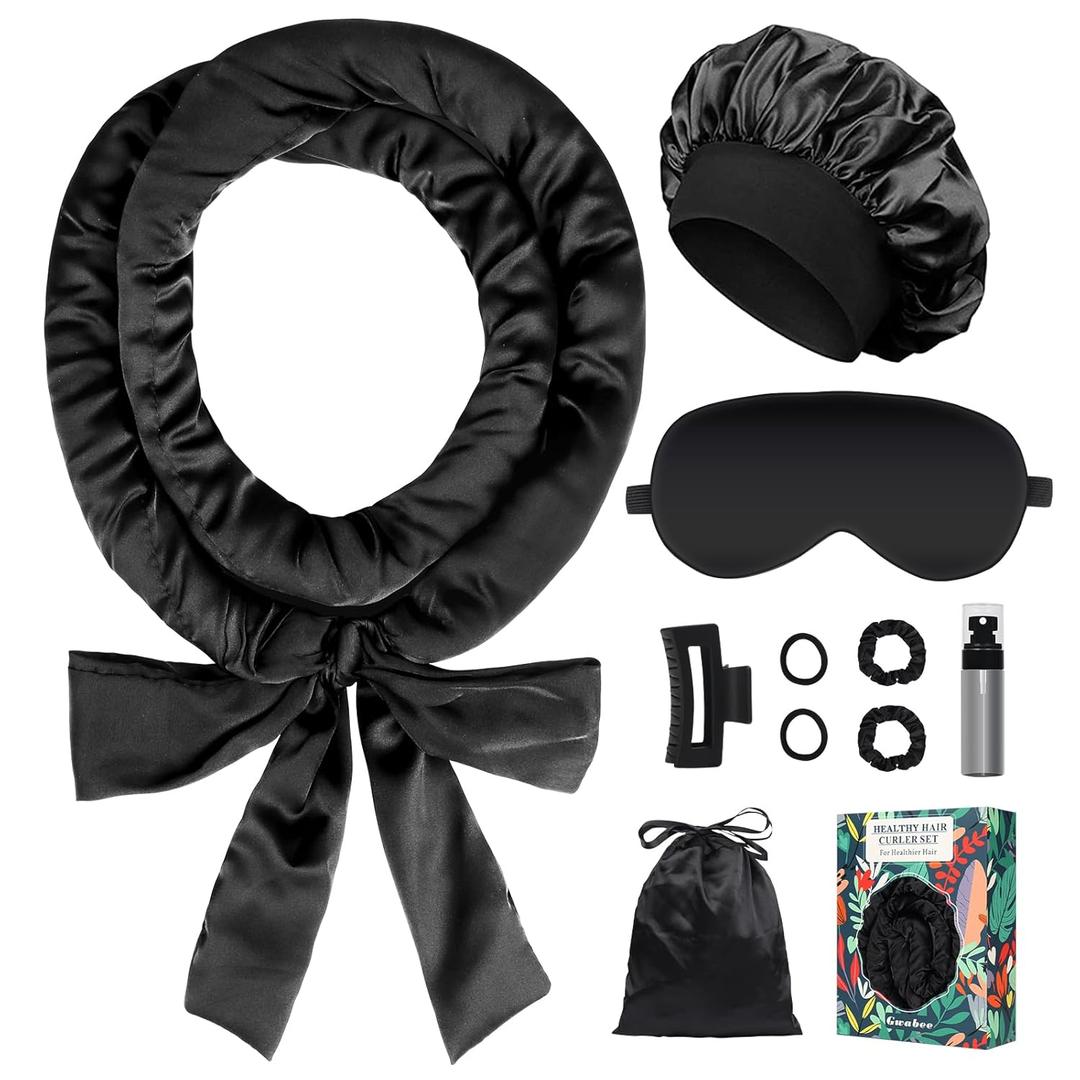 Gwabee Satin Heatless Curls Overnight Hair Curlers to Sleep In Hair Curler Rollers No Heat Hair Wrap for Curls Headband, 70" Satin Heatless Curling Rod Set for Women Long Waves Hair Volume-Black 10PCS