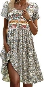 Womens Sundress 2025 Summer Boho Floral Short Sleeve Crewneck Elastic Waist Midi Dress Casual A-Line Flowy Knee Lenth Dress with Pocket White Size XXL