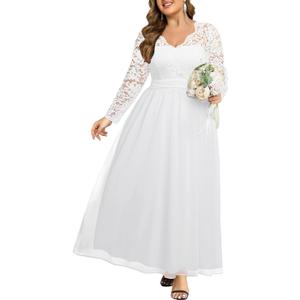 Talisea Plus Size Formal Wedding Dresses - Gowns Evening Prom Elegant V Neck Long Sleeve Lace Chiffon Long Maxi Dress (White), Size: 22 Plus
