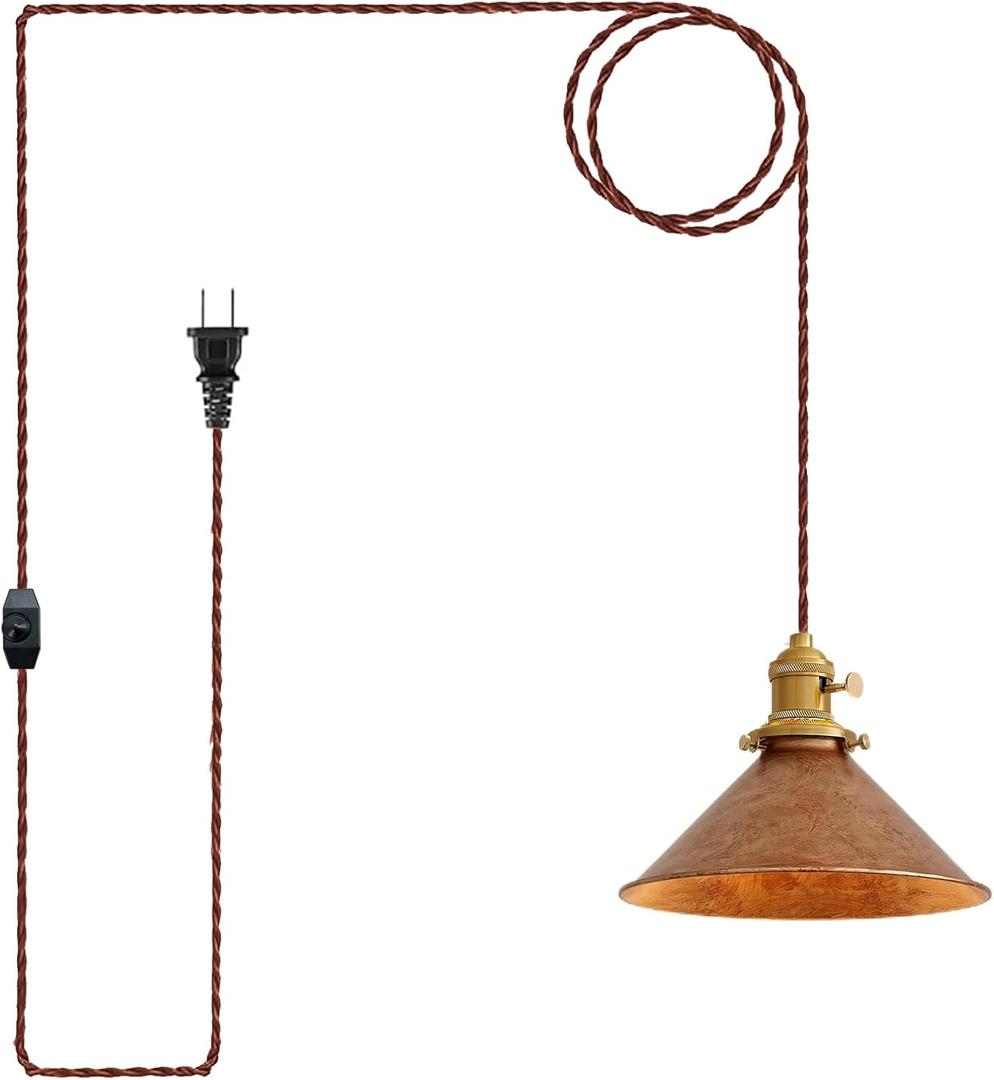 Hanging Light Plug in,Vintage Hanging Lamp Plug in with Rusted Copper 8.2 Inch Shade and Adjustable 14Ft Cord Antique Farmhouse Pendant Light Kitchen Island Bedroom and Sofa