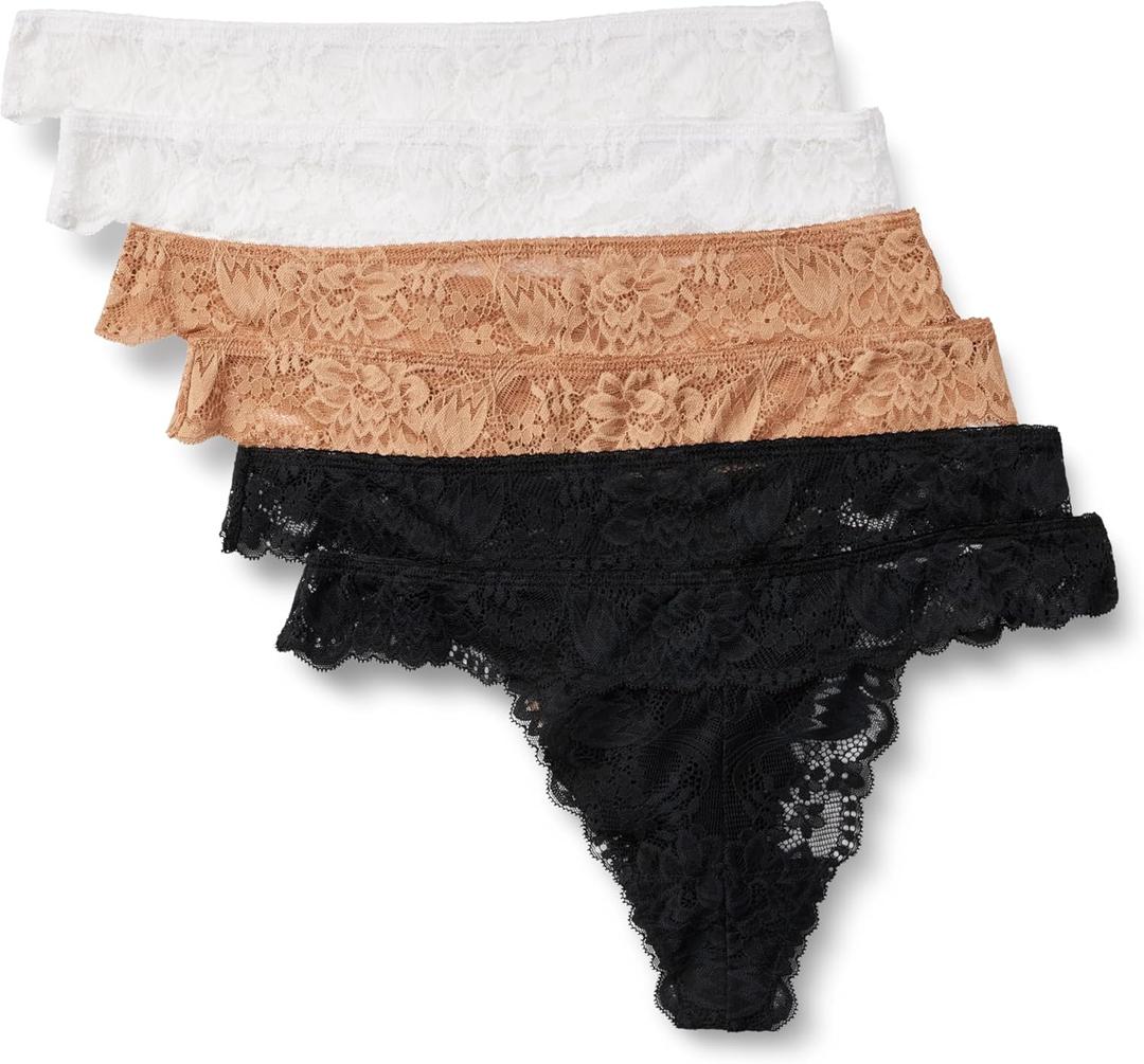 Amazon Essentials Women's Stretch Galloon Lace Thong (X-Large, Black/Washed Bronze/White)