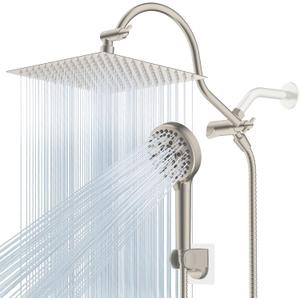 Hibbent 12'' All Metal CUPC Certified Shower Head, High Pressure Rainfall Shower Head, Handheld Showerhead Combo, 12'' Adjustable Extension Arm, 10-Spray, 71'' Hose, Showerhead Holder, Brushed Nickel