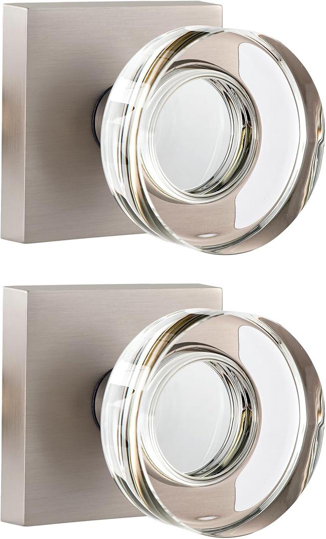 2 Pack Dummy Door Knob Glass Door Knobs Interior Satin Nickel Door Knobs for Closet and Hallway, Square Crystal Dummy Door Handle Brushed Nickel