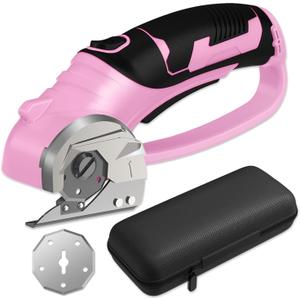 Cordless Electric Scissors, 4V Box Cutter & Cardboard Cutter with 2 Titanium Blades - Rotary Cutter with LED Light for Fabric, Leather, Carpet, Plastic, Crafting + Storage Case (Pink)