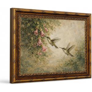 Vintage Hummingbird Wall Art, Ornate Gold Framed Floral Garden Print,, 16"L x 24"W